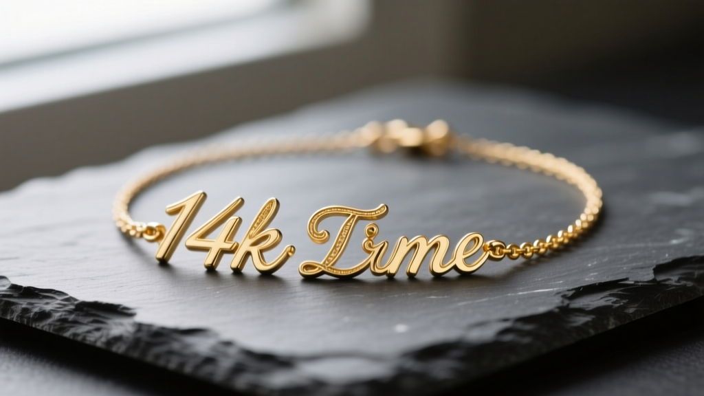 A 14k gold vermeil two name necklace on dark slate, softly lit to highlight the intricate script font and delicate solder joints.