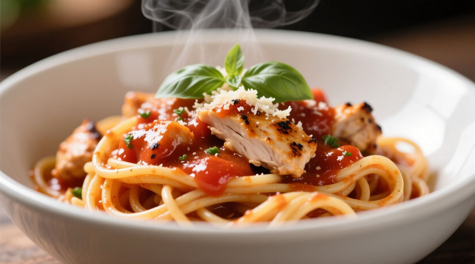 Chicken spaghetti with tomato sauce in white bowl