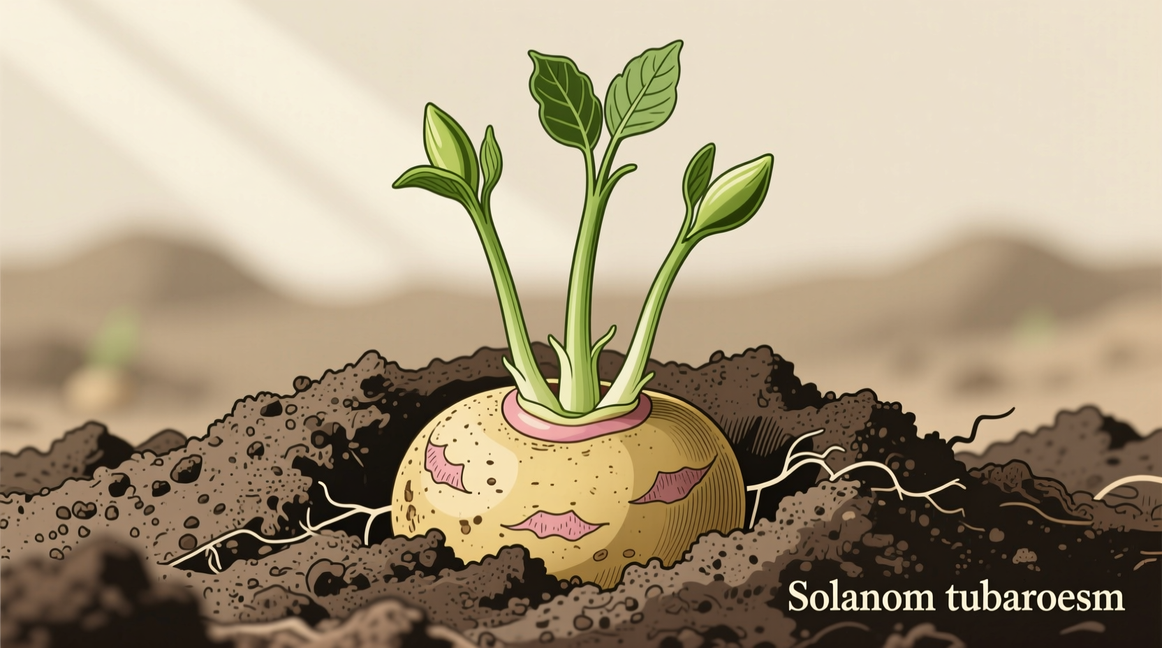 Healthy potato crown showing green stems emerging from mounded soil