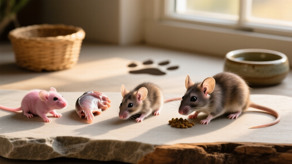 Assorted whole prey items: pinkies, fuzzies, and adult mice arranged on clean surface