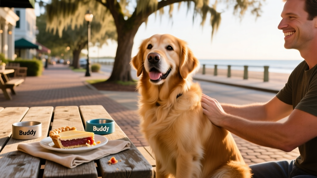 A happy dog sitting beside a picnic table at an outdoor restaurant in Savannah