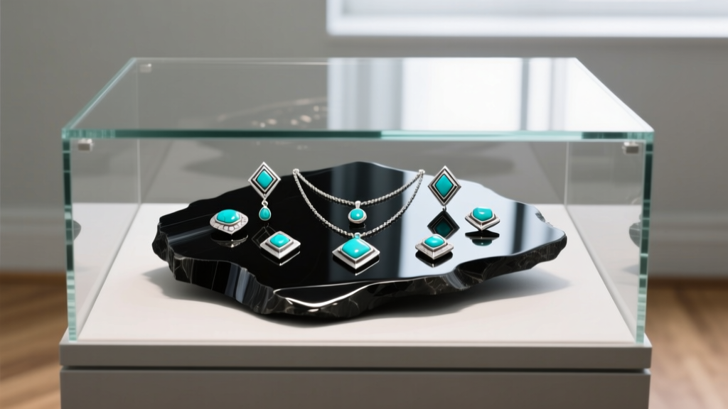 Glass-topped display case with a polished black obsidian slab acting as a grounding tray for silver and turquoise pieces.