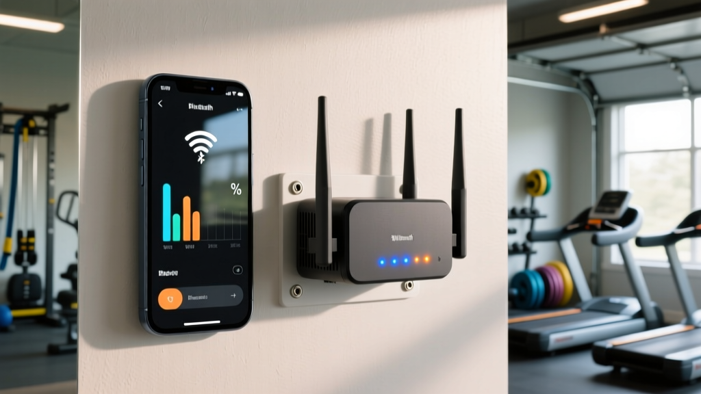Smartphone displaying Bluetooth signal strength metrics next to a dual-band Wi-Fi router mounted on a garage gym drywall