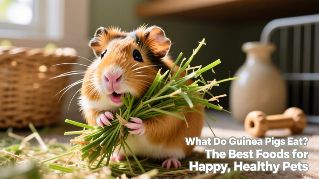 Close-up of a guinea pig happily chewing fresh timothy hay