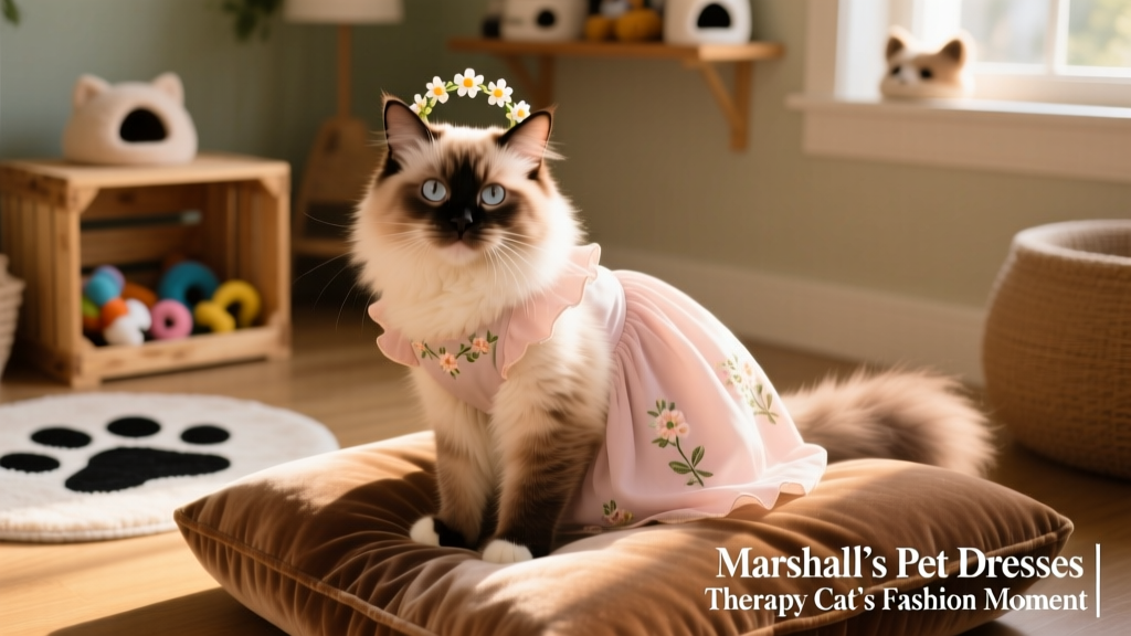 Summer posing confidently on a velvet cushion, wearing the dress with a small flower crown