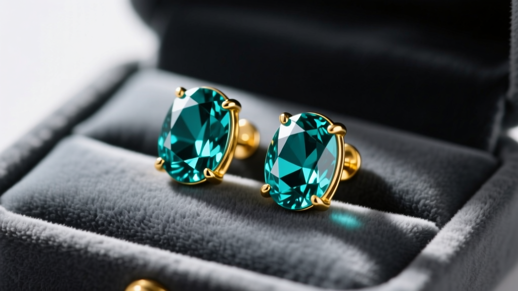 Close-up of oval-cut teal Montana sapphire stud earrings in 18k yellow gold resting on a soft charcoal velvet jewelry tray.