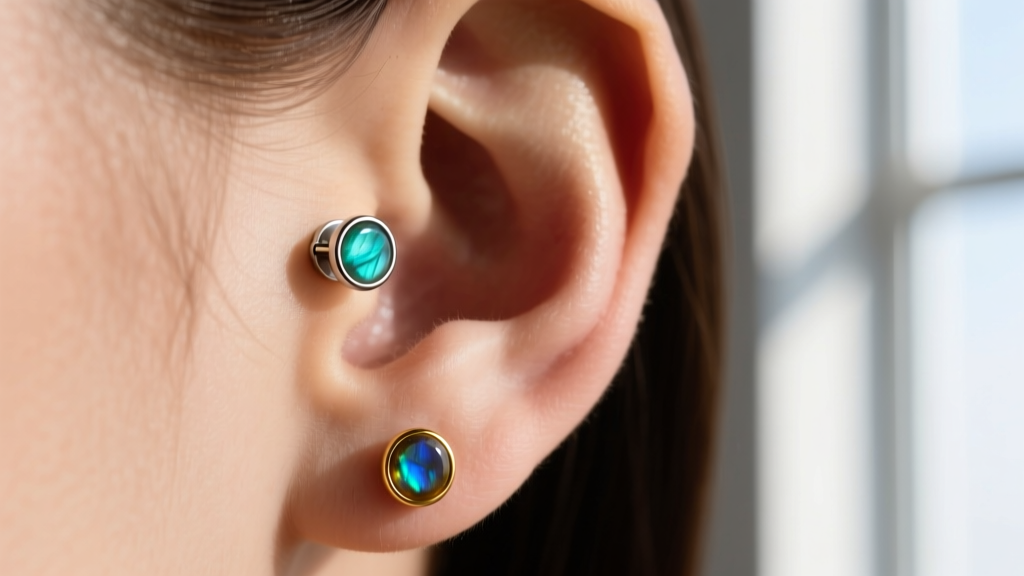 Ear map showing a 16g titanium labradorite helix stud and an 18g gold labradorite stud in a standard lower earlobe piercing