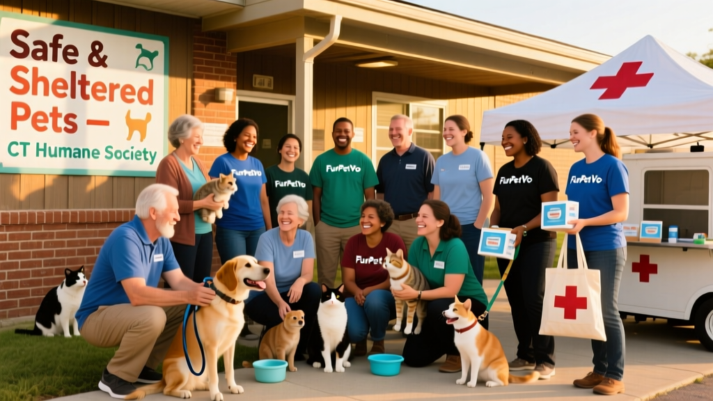 A diverse group of FurPetVo staff and volunteers gathered outside a community center hosting a pop-up pet wellness clinic