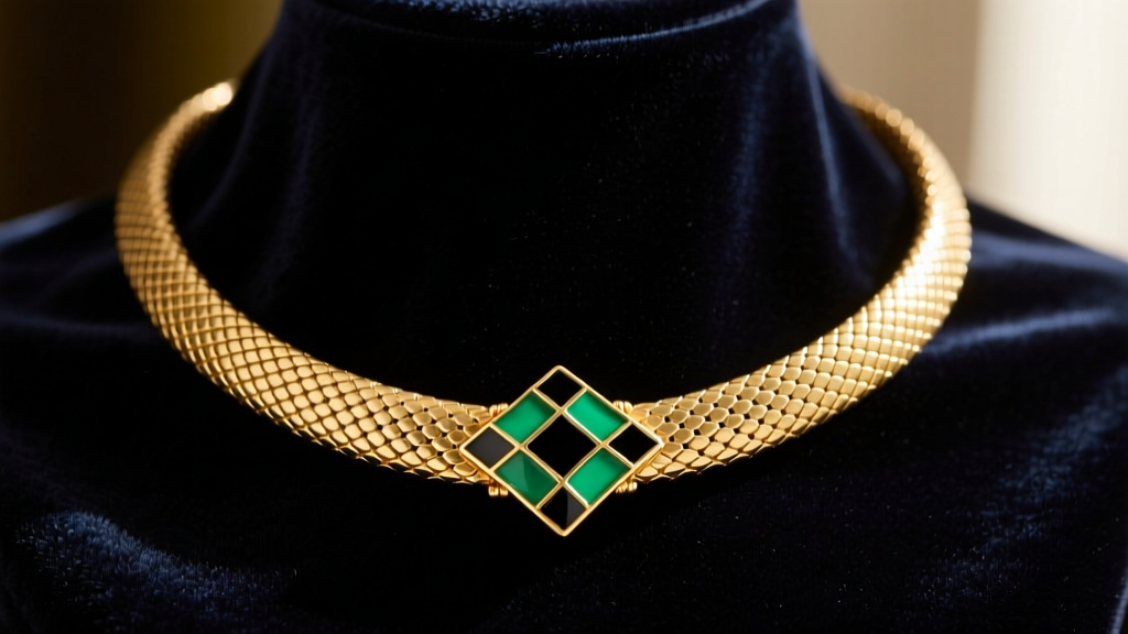 Vintage gold-tone Whiting Davis snake necklace with articulated flat mesh and an Art Deco enamel clasp on dark velvet.