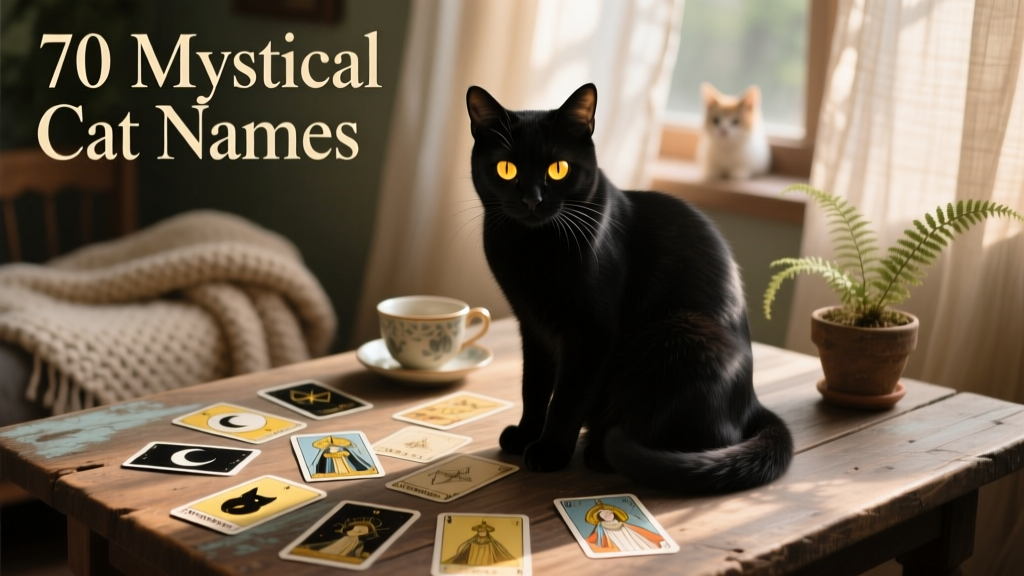 A mystical black cat sitting by some tarot cards