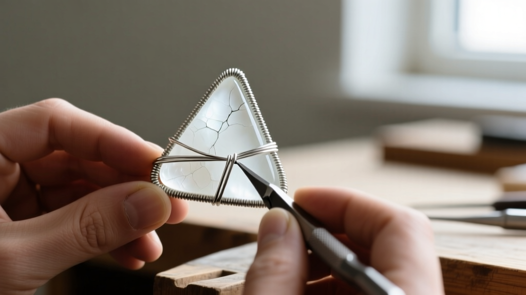 Jeweler using a pusher tool to fold 28-gauge fine silver bezel wire tightly over a triangular white sea glass cabochon edge