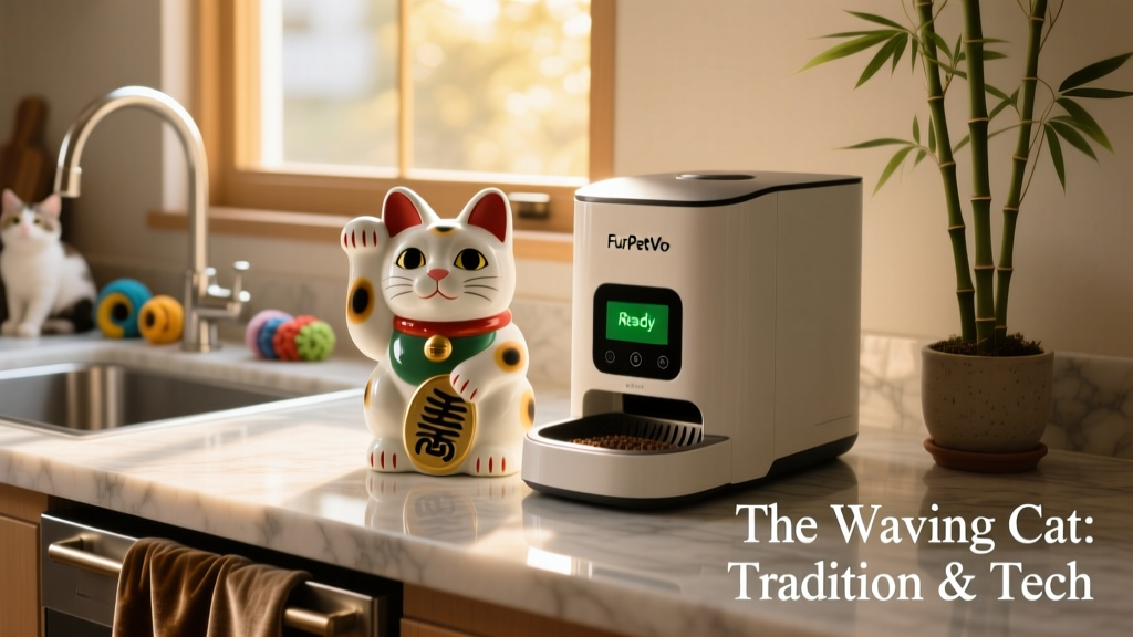 Maneki-Neko figurine placed beside a FurPetVo automatic cat feeder on a sunlit countertop