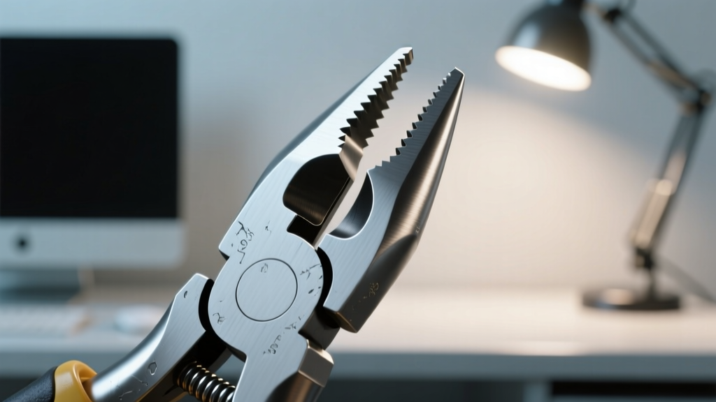 Macro shot of misaligned budget chain-nose plier jaws made of stamped steel, showing a small gap at the tips under a desk lamp.