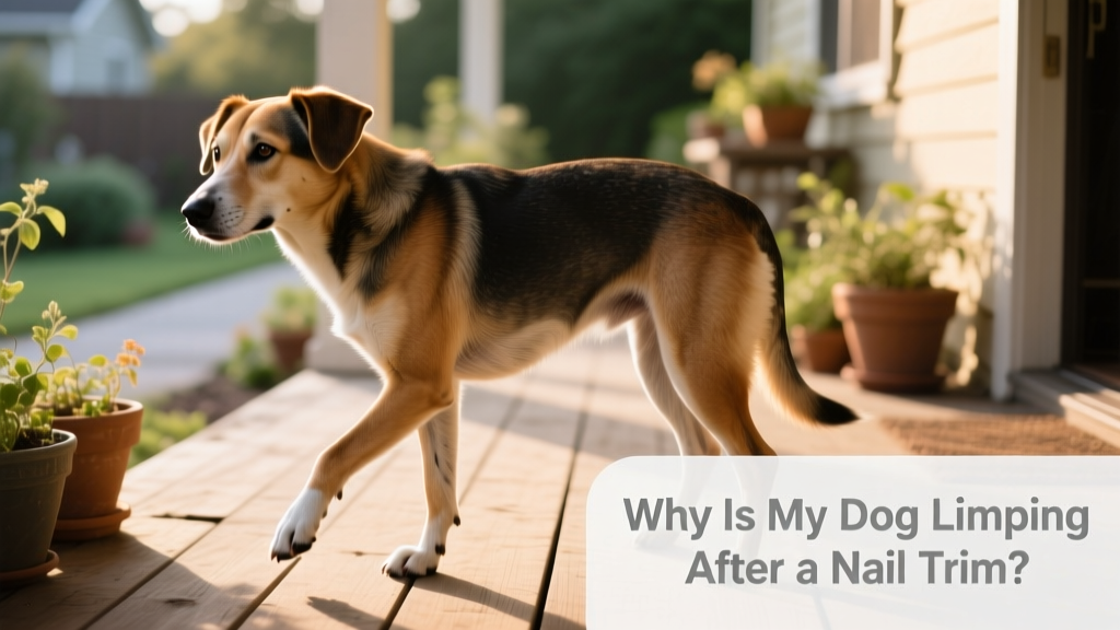 Side view of a dog standing with one front leg held slightly off the ground, illustrating an abnormal stance