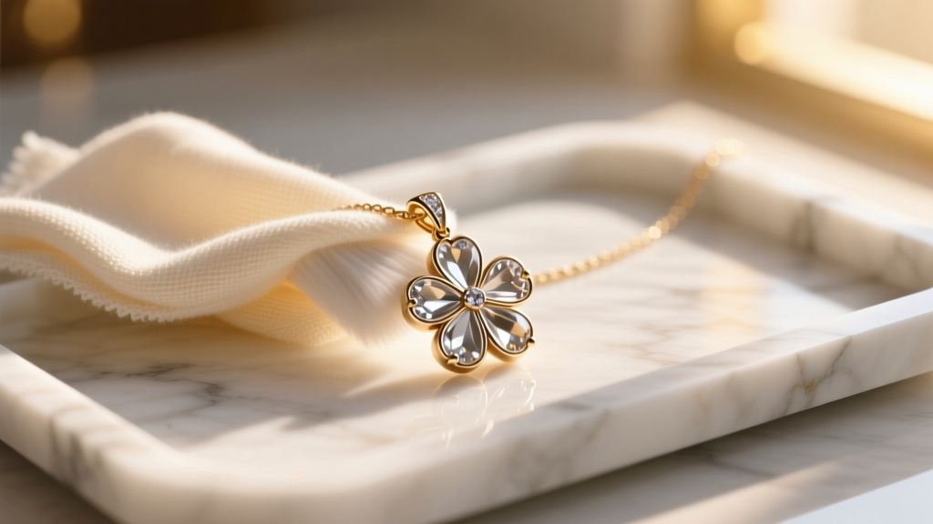 A soft microfiber cloth gently polishing a Kate Spade clover necklace pendant on a white marble jewelry tray in warm sunlight.