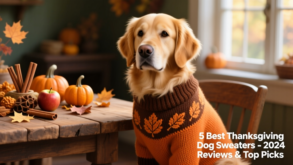 A golden retriever wearing a cozy orange-and-brown Thanksgiving sweater with leaf motifs, sitting beside a rustic wooden table with autumn decorations