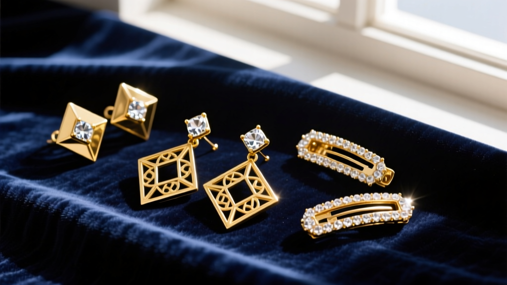 Overhead view of vintage 1980s geometric gold-plated earrings and rhinestone clip-ons resting on dark navy velvet fabric