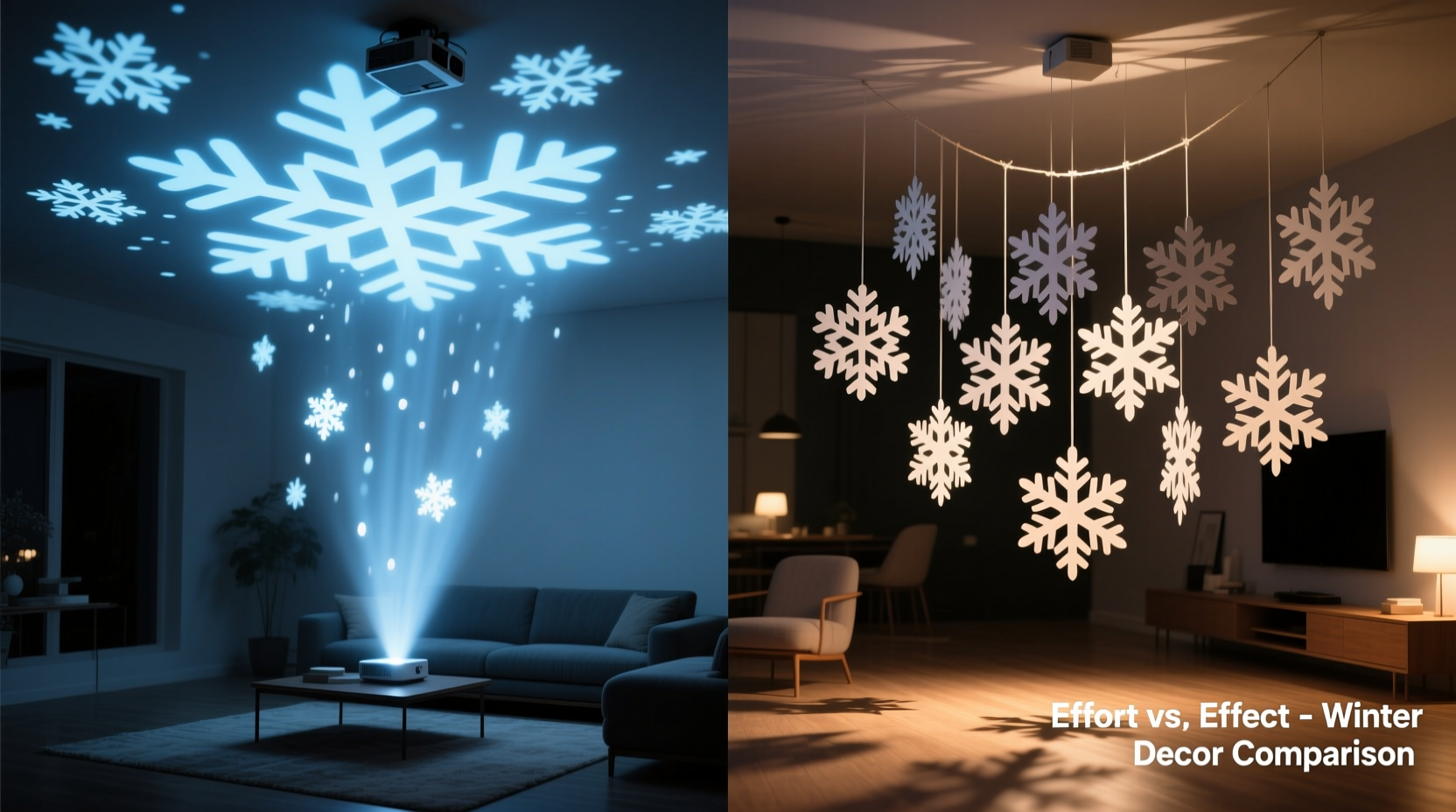 snowflake projection ceiling vs hanging paper cutouts effort versus effect
