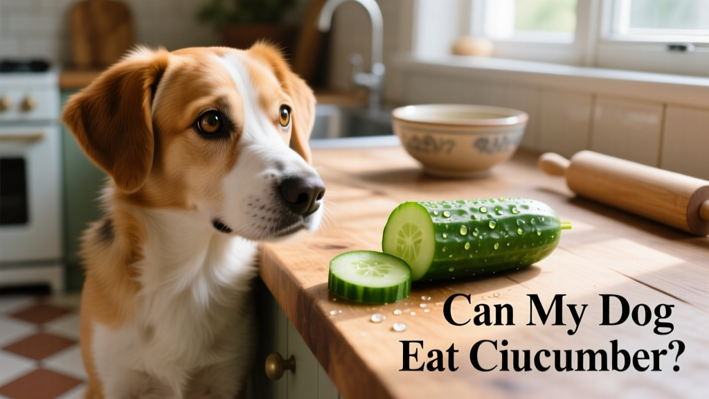 Dog staring intently at a fresh cucumber being sliced on a kitchen counter