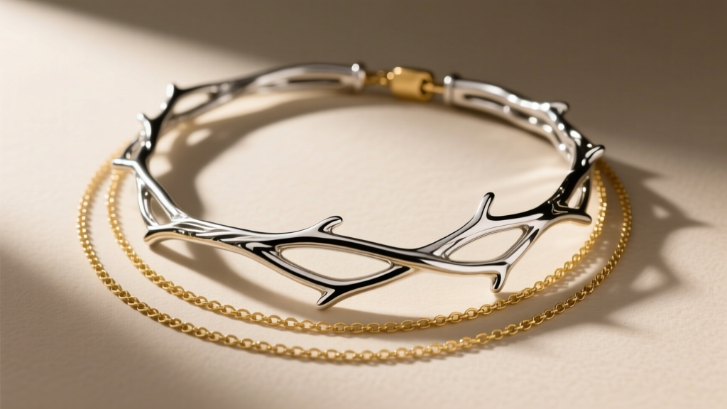 Close-up of a layered setup featuring a 16-inch silver branch choker and a delicate 18-inch gold chain, showcasing metal mixing.