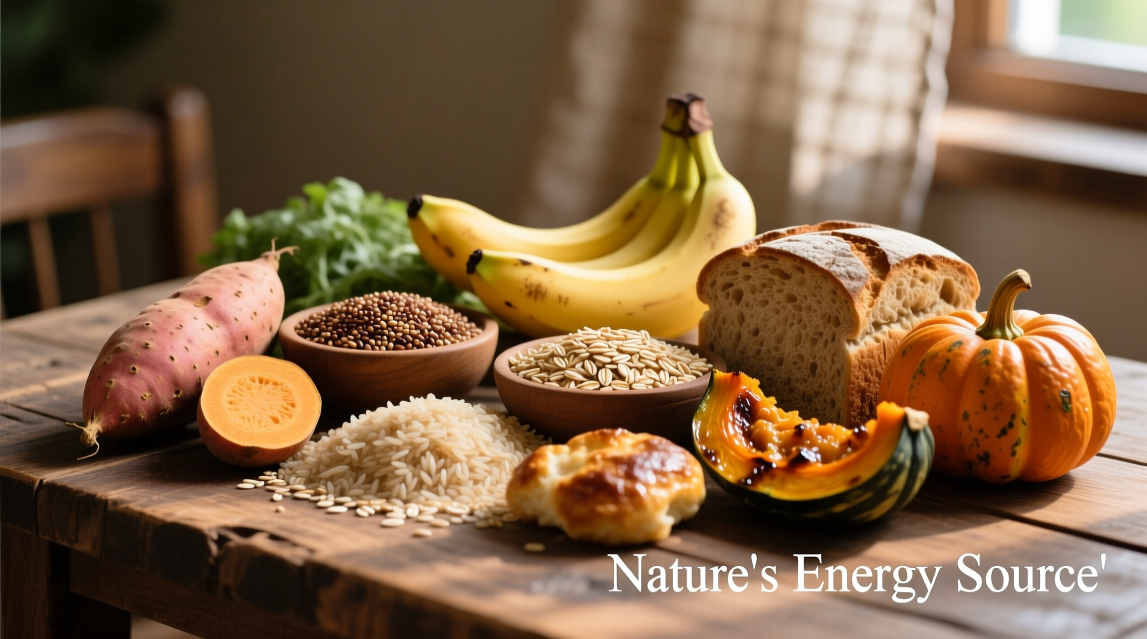 Colorful assortment of carbohydrate-rich whole foods