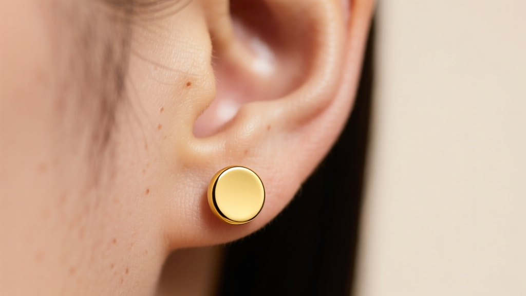 Close-up of an earlobe wearing a classic 6mm polished 14k yellow gold button earring with a flat back, soft studio lighting.