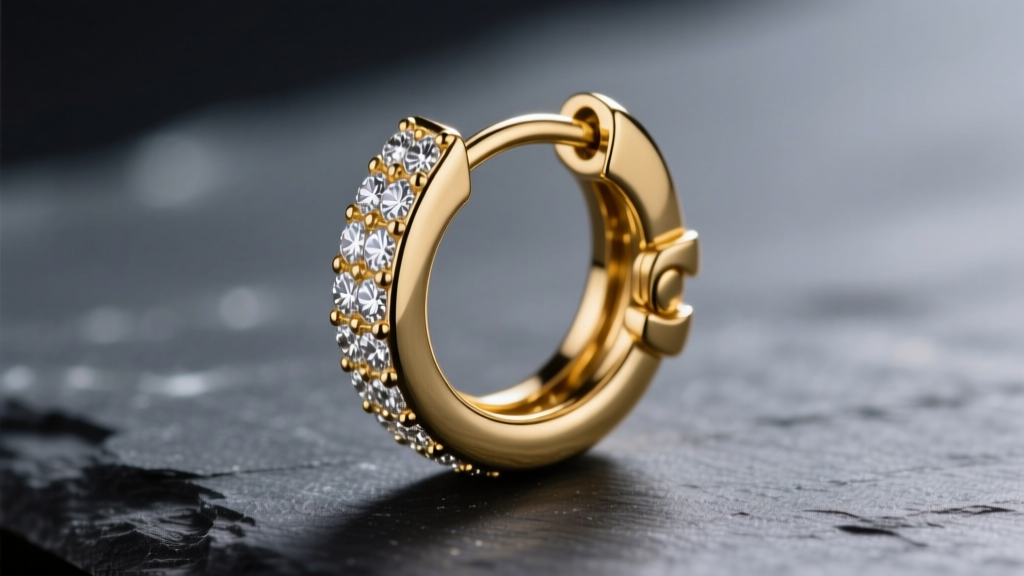 Macro shot of a 16g hinged clicker gold hoop earring with pavé diamond accents, highlighting the secure latch against dark slate.