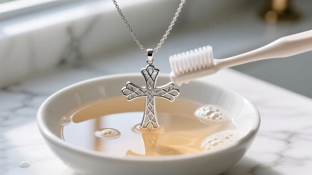 Soft toothbrush gently cleaning the crevices of a platinum filigree cross necklace in a shallow bowl of warm soapy water