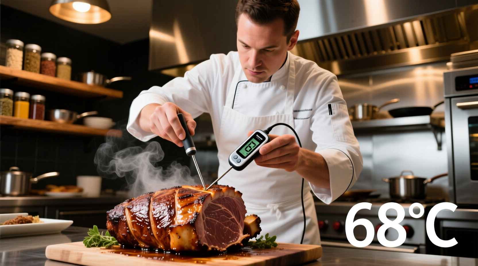 Professional chef checking roast beef temperature with digital thermometer