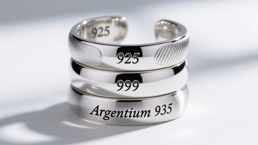 Macro photo of three stacked silver ear cuffs, showing distinct hallmarks stamped on the back: 925, 999, and Argentium 935.