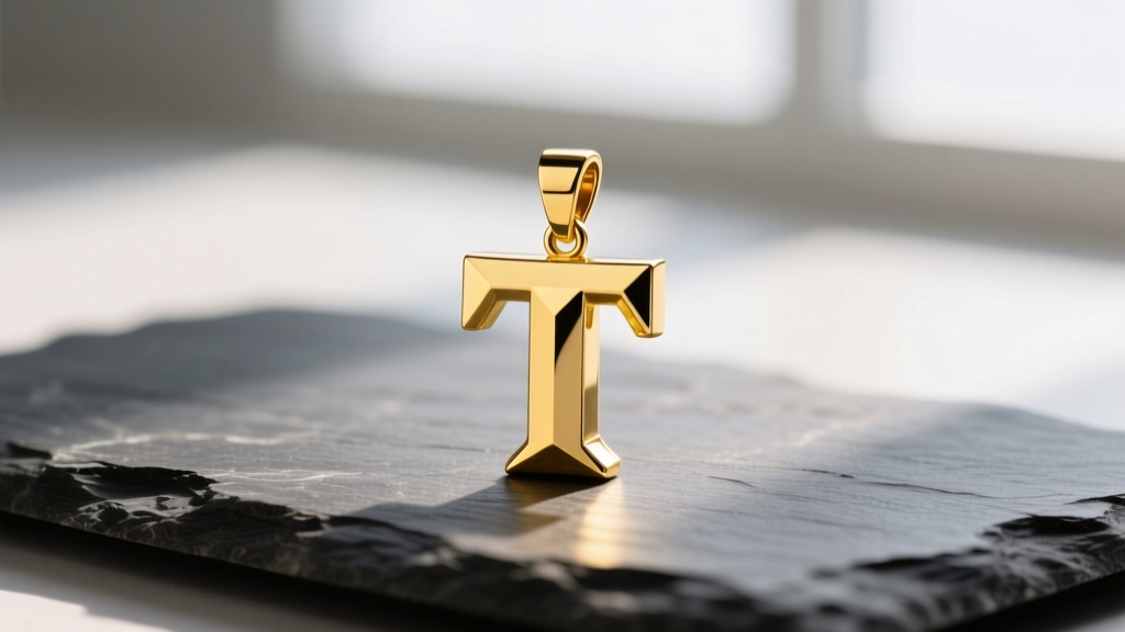 Close-up of a polished 14k yellow gold letter T initial pendant resting on dark slate, reflecting soft studio lighting