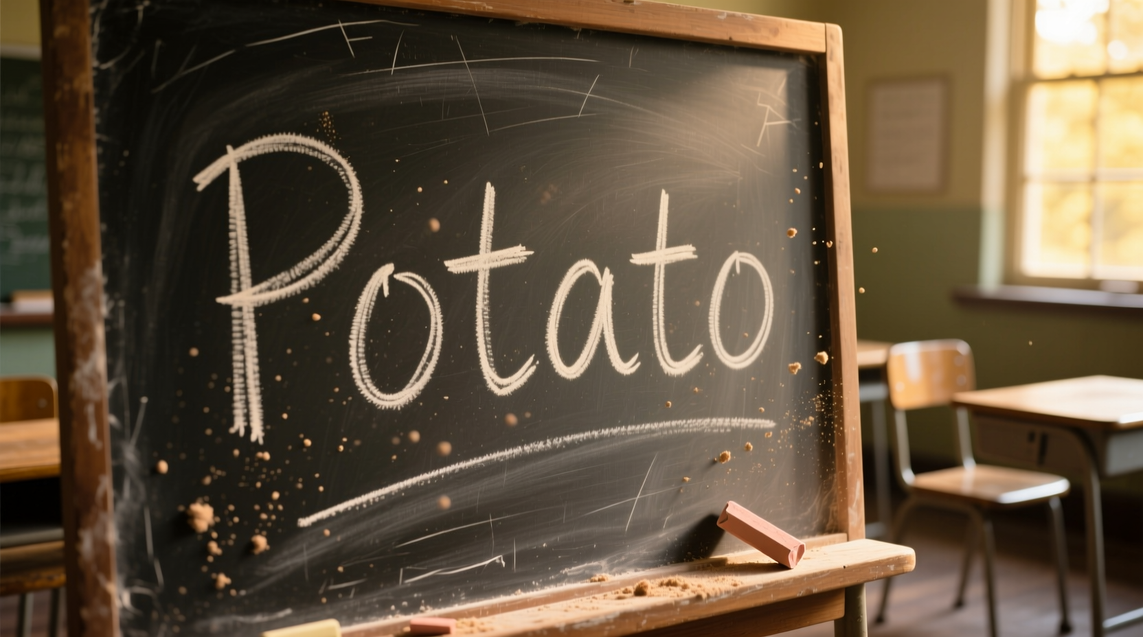 Potato spelling demonstration on chalkboard