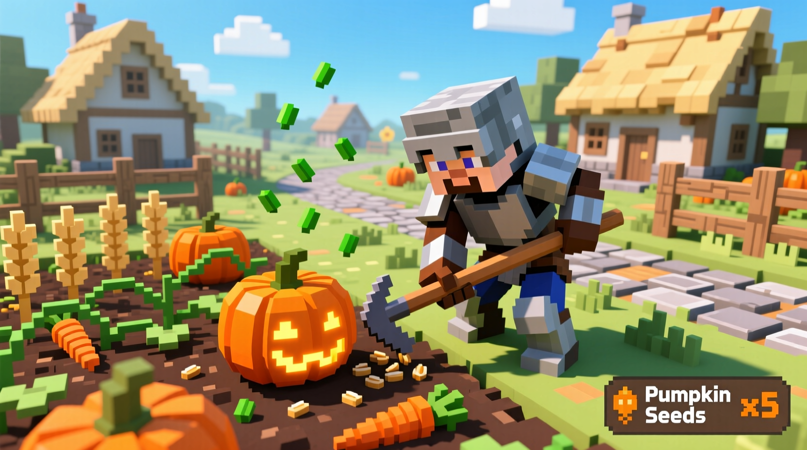 Minecraft player harvesting pumpkin seeds from a village farm