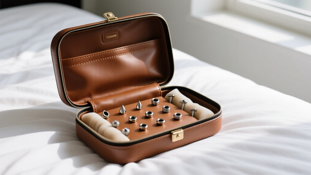 Open leather travel case on a bed, showing a silicone pillow securing several 16-gauge cartilage studs and threadless earring ends.