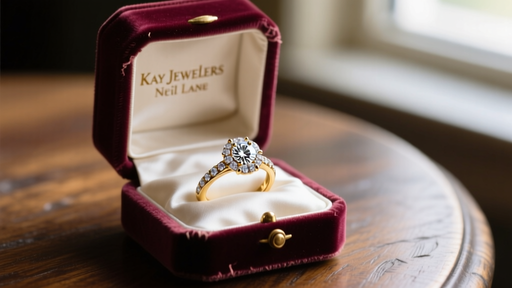 Open velvet box revealing a Kay Jewelers Neil Lane vintage-inspired halo diamond engagement ring resting on soft ivory silk cloth