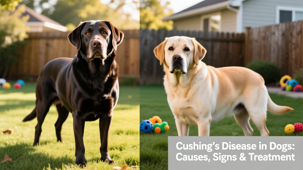 Side-by-side comparison showing a healthy dog versus a dog with Cushing's disease, highlighting the distended abdomen and thinning coat