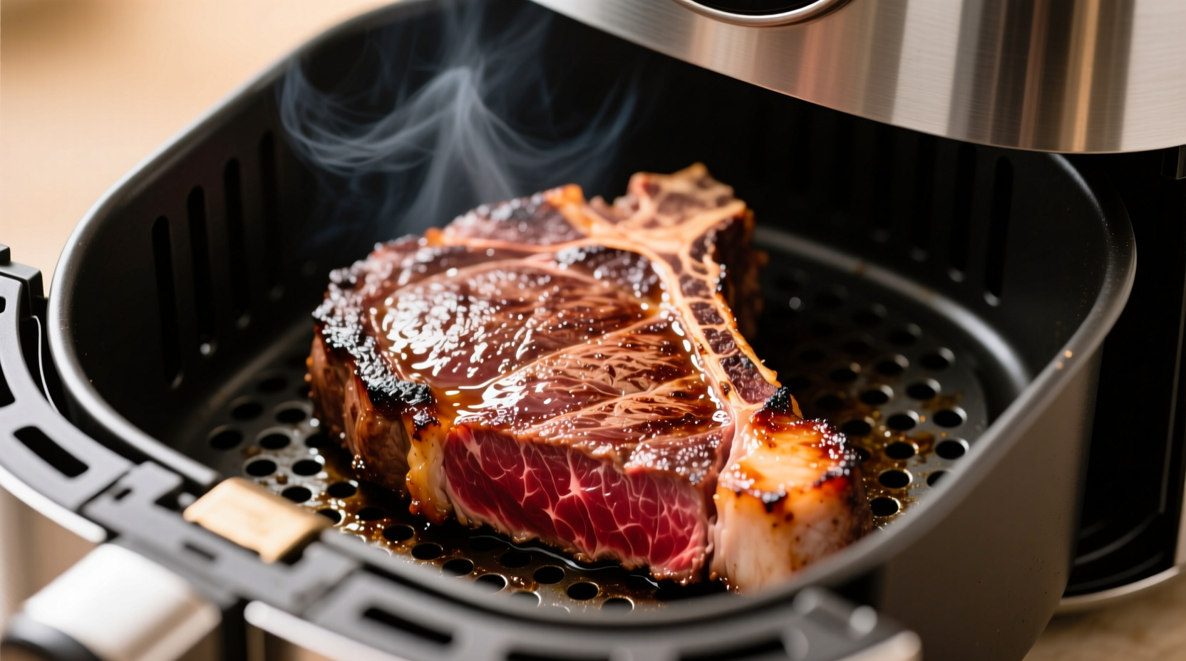 Perfectly cooked ribeye steak in air fryer basket