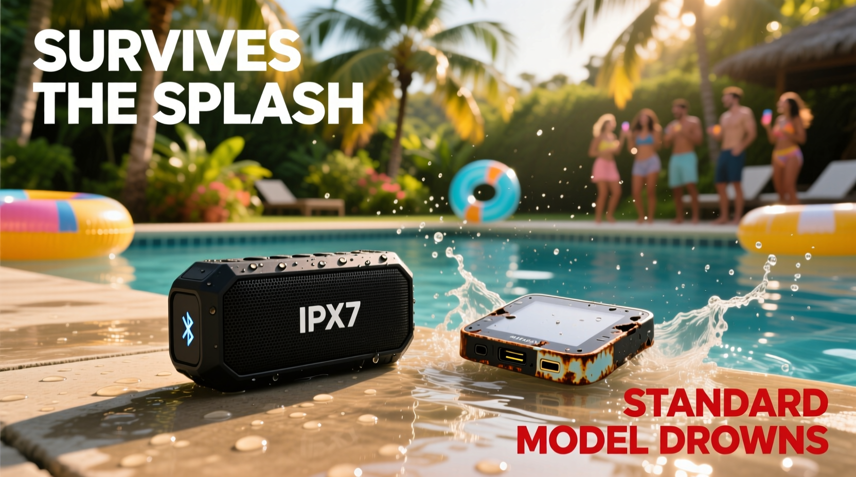 waterproof bluetooth speaker vs standard model which survives pool parties best