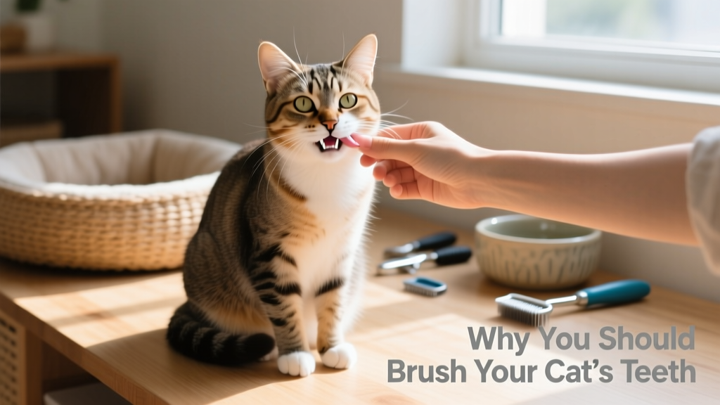 Cat calmly sitting while a person gently lifts its lip to examine teeth