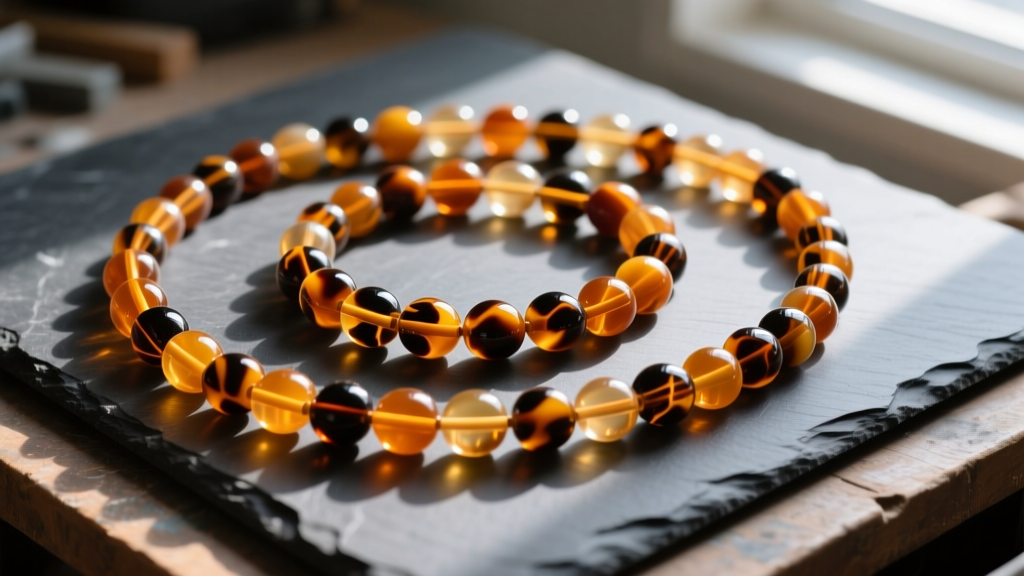 Top-down flat lay of vibrant, translucent cast acrylic beads in amber and tortoiseshell patterns arranged on a dark slate workbench.