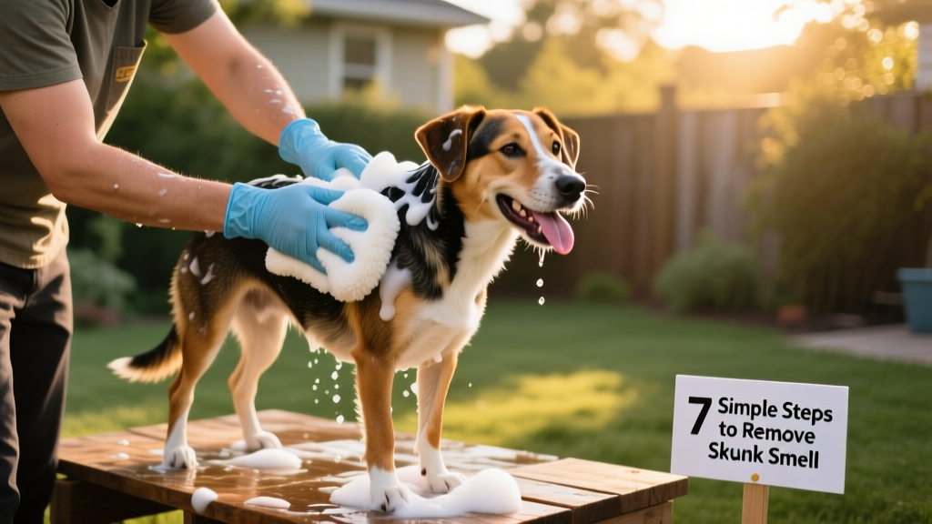 Person carefully lathering a dog’s coat with gentle shampoo outdoors, using gloves and a soft mitt