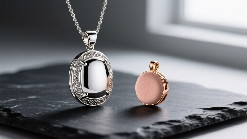 Macro photography comparing a highly polished platinum pendant and a matte 18k rose gold charm side-by-side on dark slate