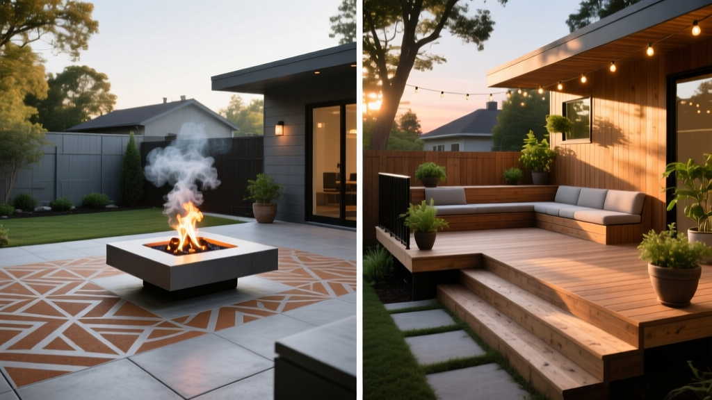 Split-screen backyard showcasing a stamped concrete patio with a fire pit on the left and a multi-level composite wood deck on the right