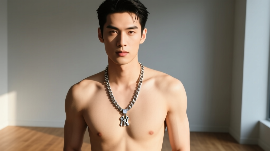 Male model wearing a 24-inch stainless steel Figaro chain with a small diamond-accented NY pendant in warm natural sunlight.