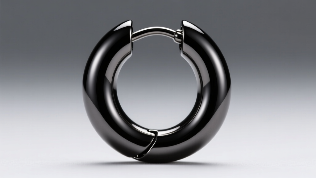 Macro shot of an 18-gauge black PVD coated titanium hoop earring, highlighting the dark metallic finish and secure hinge mechanism