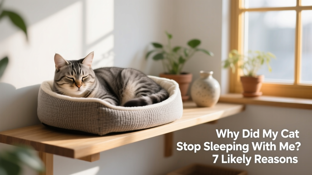 Cat resting calmly in a covered cat bed placed on a quiet, elevated shelf