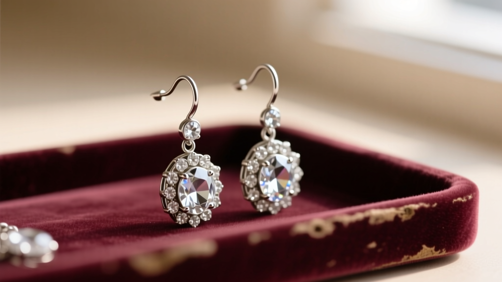 Macro shot of vintage silver-plated Brighton dangle earrings with clear crystal accents resting on a faded velvet jewelry tray.