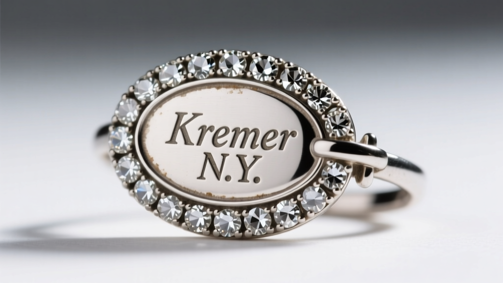 Macro shot of oval cartouche stamped Kramer N.Y. on the back of a vintage rhodium-plated rhinestone pendant clasp in bright light