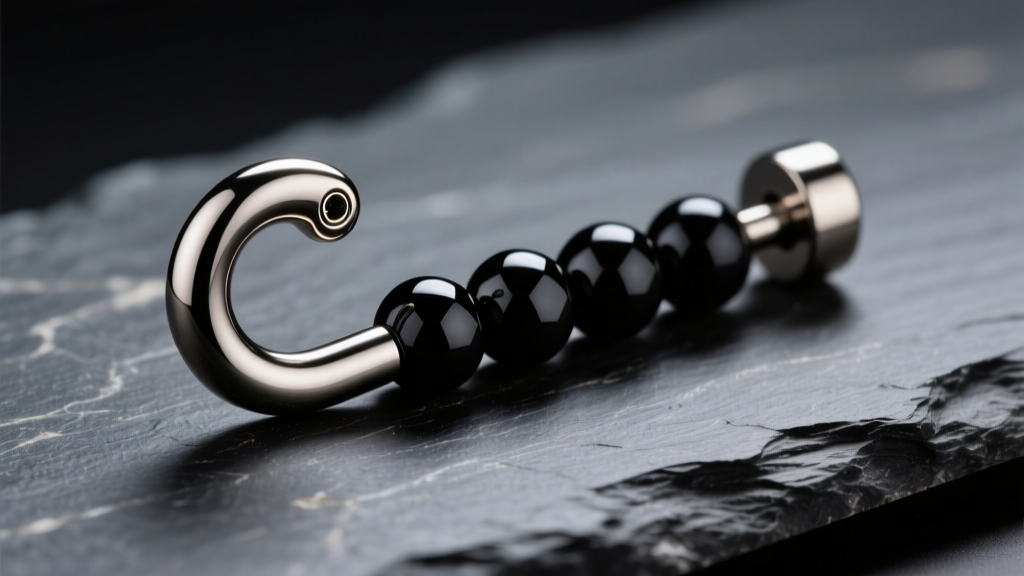 Macro shot of an 8-gauge titanium curved barbell with matte black beads resting on dark slate under soft dramatic studio lighting