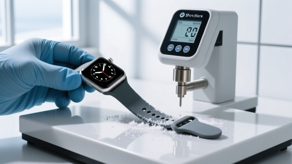 Technician using a digital Shore durometer to measure the stiffness of a silicone smartwatch band after being exposed to sub-zero temperatures.